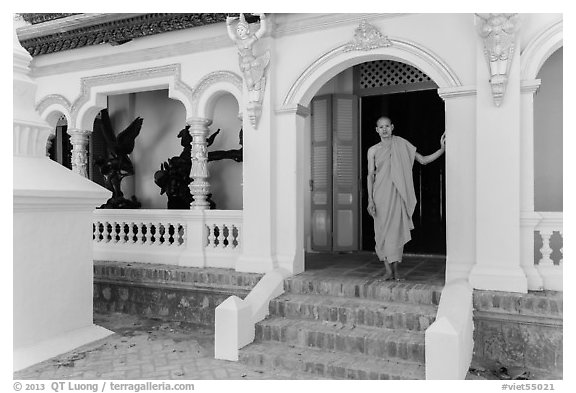 Monk standing in front of Ang Pagoda. Tra Vinh, Vietnam (black and white)