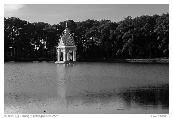 Spirit house in large pond. Tra Vinh, Vietnam (black and white)