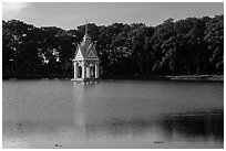 Spirit house in large pond. Tra Vinh, Vietnam (black and white)