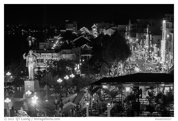 Mekong River waterfront at night from above. Can Tho, Vietnam (black and white)