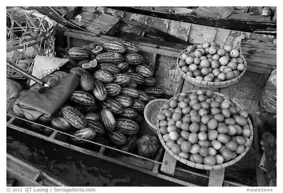 Vegetables and fruit for sale on boat, Phung Diem. Can Tho, Vietnam (black and white)