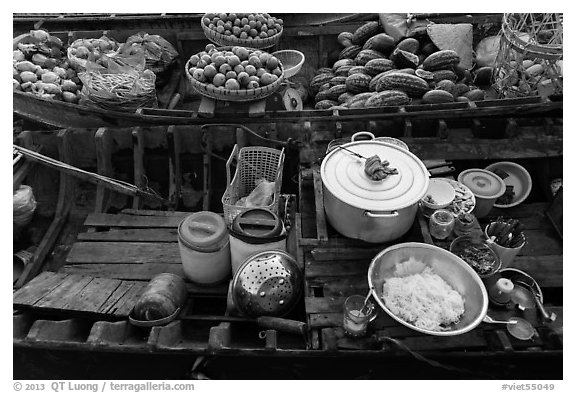 Boat with pho noodles, Phung Diem. Can Tho, Vietnam (black and white)