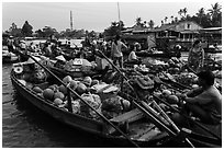 Boats closely decked together, Phung Diem floating market. Can Tho, Vietnam (black and white)