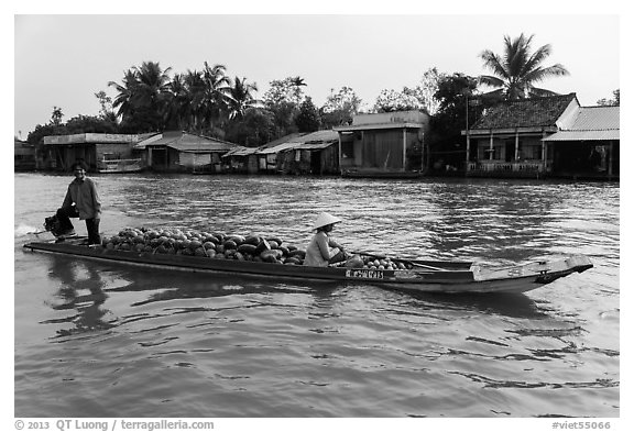 Long boat loaded with watermelon. Can Tho, Vietnam (black and white)