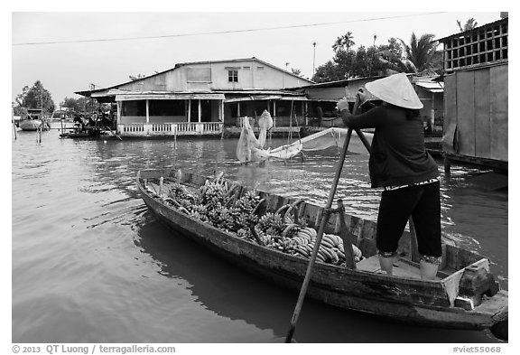 Woman paddling boat loaded with bananas. Can Tho, Vietnam (black and white)