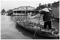 Woman paddling boat loaded with bananas. Can Tho, Vietnam ( black and white)