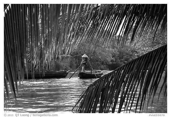 Woman paddling boat on river channel, framed by leaves. Can Tho, Vietnam