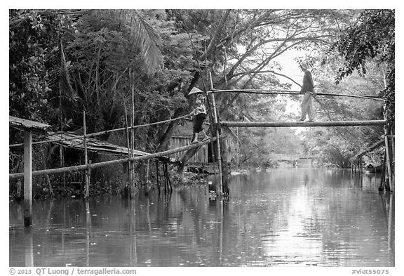 Villagers crossing monkey bridge. Can Tho, Vietnam (black and white)