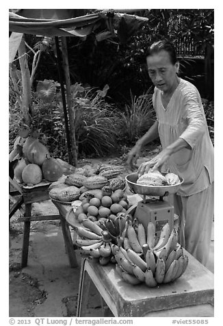 Woman selling fruit from roadside stand. Can Tho, Vietnam (black and white)