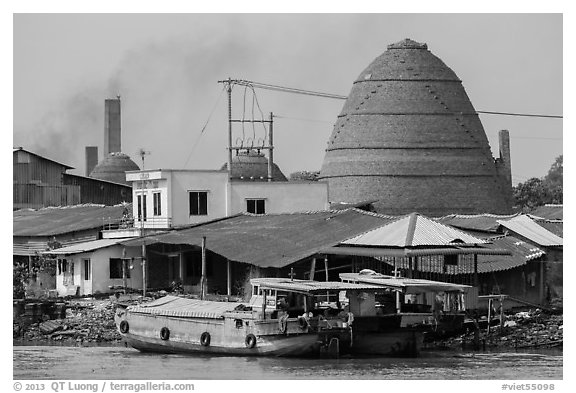 Boats and brick ovens. Sa Dec, Vietnam (black and white)