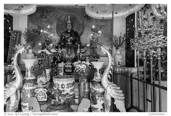 Altar of King Hung Vuong temple, Tao Dan park. Ho Chi Minh City, Vietnam (black and white)
