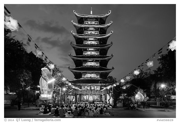 Evening worship at Viet Nam Quoc Tu pagoda. Ho Chi Minh City, Vietnam (black and white)