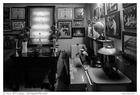 Memorial room dedicated to late monk Thuong Tu Ha Nhon, Quoc Tu pagoda. Ho Chi Minh City, Vietnam (black and white)