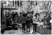 Sidewalk with Lunar New Year decorations and booths. Ho Chi Minh City, Vietnam ( black and white)