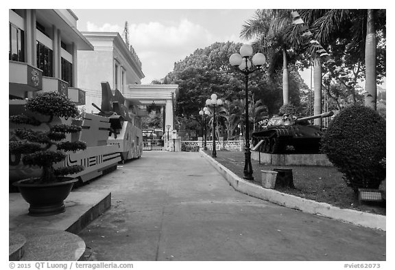 Float and historic tank, Army Museum. Ho Chi Minh City, Vietnam (black and white)