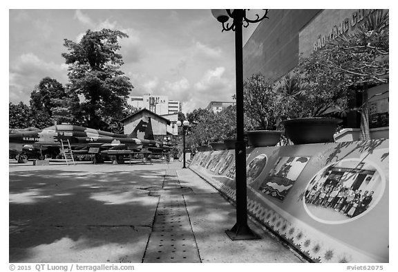 Paintings and photos from children for peace, warplanes, War Remnants Museum, district 3. Ho Chi Minh City, Vietnam (black and white)