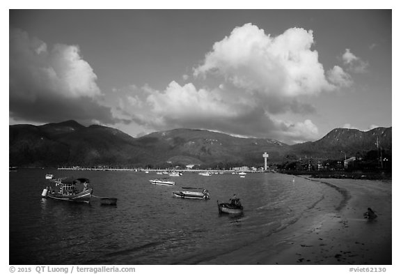 Con Son harbor and hills. Con Dao Islands, Vietnam (black and white)