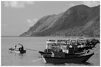Fishing boats and hills, Con Son. Con Dao Islands, Vietnam ( black and white)