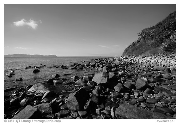 Rocky coastline, Bay Canh Island, Con Dao National Park. Con Dao Islands, Vietnam (black and white)