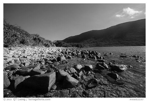 Rocky bay, Bay Canh Island, Con Dao National Park. Con Dao Islands, Vietnam (black and white)