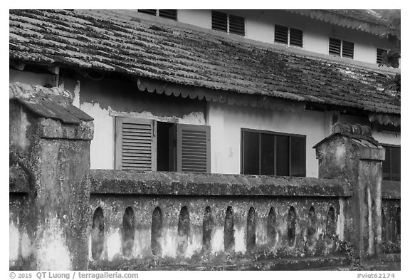 Facade of colonial-area building, Con Son. Con Dao Islands, Vietnam (black and white)