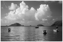 Boats, islets, and clouds, Con Son Bay. Con Dao Islands, Vietnam ( black and white)