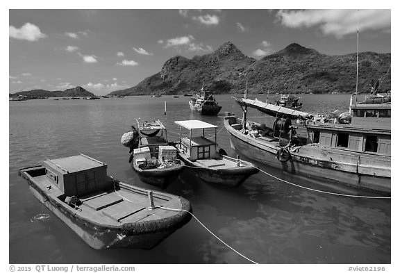 Fishing boats and Ba Island, Ben Dam. Con Dao Islands, Vietnam (black and white)