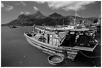 Wooden fishing boats in Ben Dam harbor. Con Dao Islands, Vietnam ( black and white)