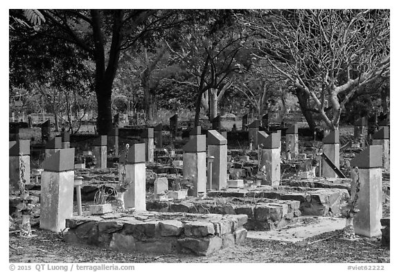 Hang Duong memorial cemetery. Con Dao Islands, Vietnam (black and white)