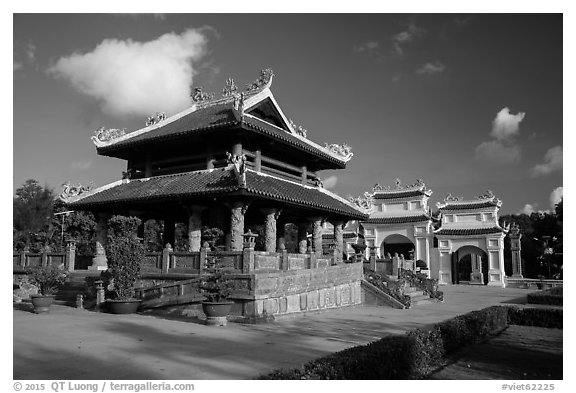 Shrine and gate, Hang Duong Cemetery. Con Dao Islands, Vietnam (black and white)