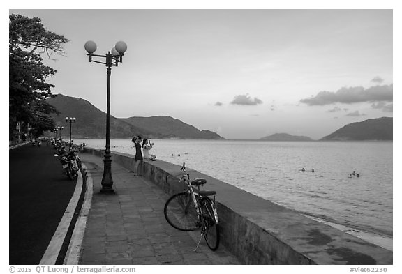 Calm evening on seafront promenade, Con Son. Con Dao Islands, Vietnam (black and white)