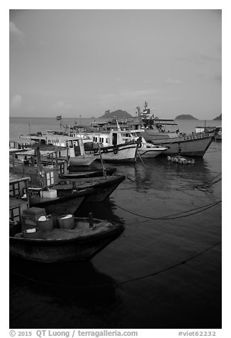 Fishing boats at dusk, Con Son. Con Dao Islands, Vietnam (black and white)