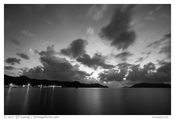 Con Son lights and tropical clouds at dawn. Con Dao Islands, Vietnam (black and white)