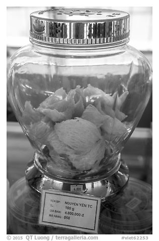 Jar of white eddible birds nest. Con Dao Islands, Vietnam (black and white)