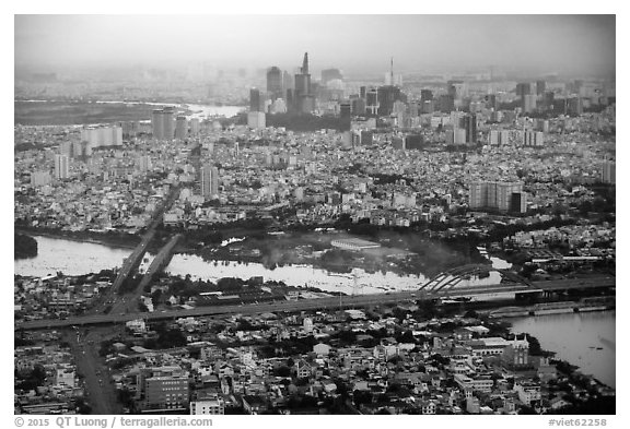 Aerial view of Saigon River and downtown. Ho Chi Minh City, Vietnam (black and white)