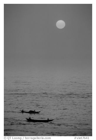 Sunrise and boats, Dong Hoi. Vietnam (black and white)