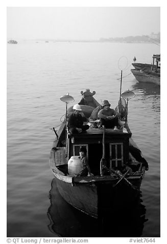 Fishing boat, in the Nhat Le River, Dong Hoi. Vietnam (black and white)