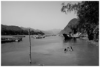 River with kids playing, Son Trach. Vietnam (black and white)