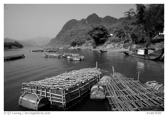 Floating fish cages, Son Trach. Vietnam (black and white)