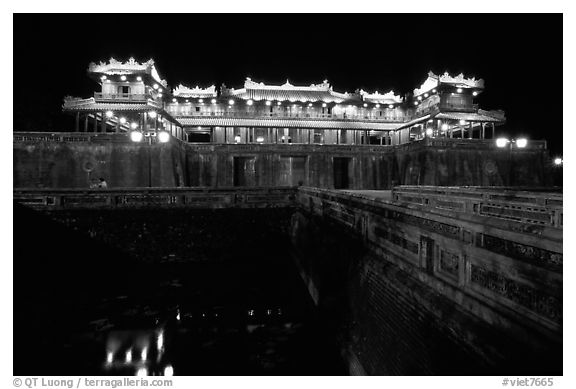 Ngo Mon (noon) Gate illuminated at night. Hue, Vietnam (black and white)