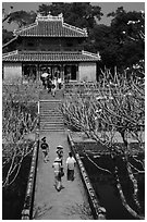 Alley and pavilion inside the Minh Mang Mausoleum. Hue, Vietnam (black and white)