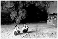 Elderly women praying in Nhi Thanh Cave. Lang Son, Northest Vietnam (black and white)
