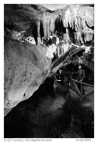Tourist in Nhi Thanh Cave. Lang Son, Northest Vietnam (black and white)