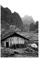 Rural home, terraced cultures, and karstic peaks, Ma Phuoc Pass area. Northeast Vietnam ( black and white)