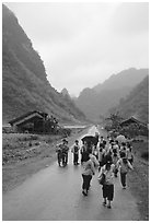 Children returning from school, Ma Phuoc Pass area. Northeast Vietnam (black and white)