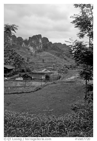 Cultures, homes, and peaks, Ma Phuoc Pass area. Northeast Vietnam (black and white)