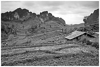 Fields, homes, and peaks, Ma Phuoc Pass area. Northeast Vietnam (black and white)