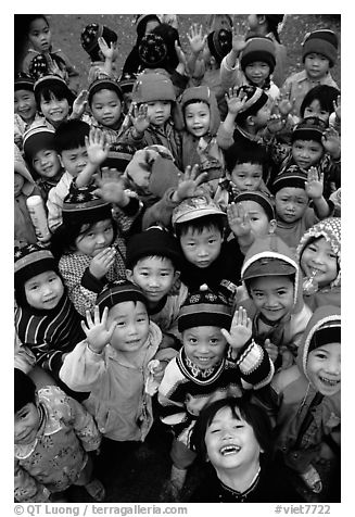 Schoolchildren dressed for the cool mountain weather. Northeast Vietnam (black and white)