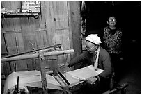 Elderly woman weaving in her home. Northeast Vietnam (black and white)