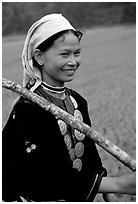 Hilltribeswoman with traditional necklace, Ba Be Lake. Vietnam (black and white)